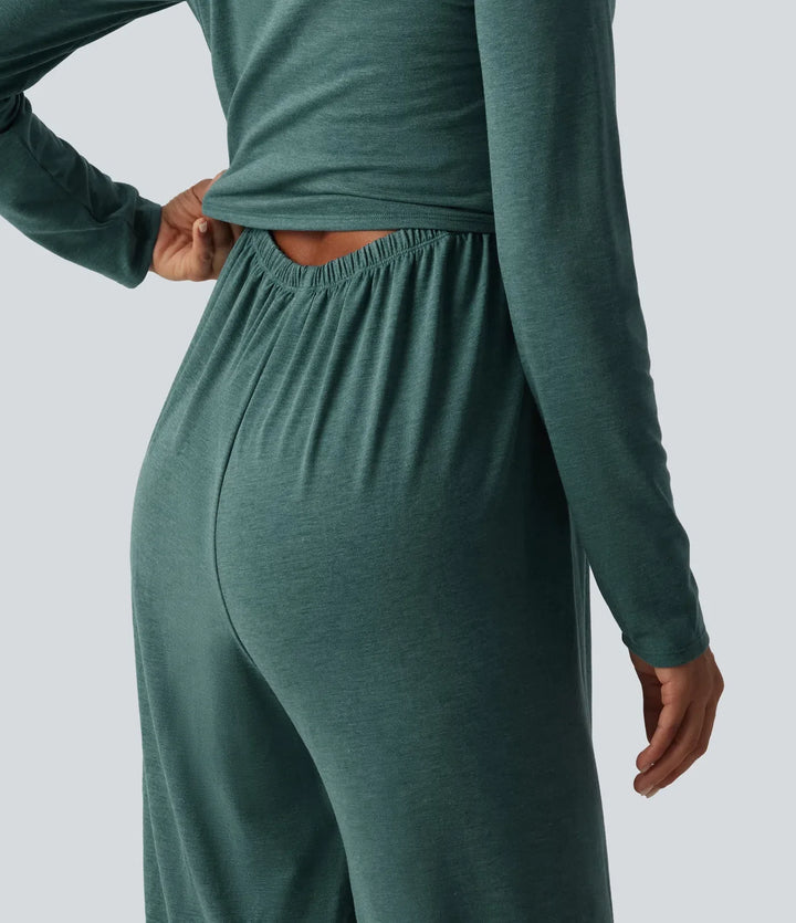 Scoop Neck Long Sleeve Built-in Bra Wide Leg Ruched Casual Jumpsuit with Pockets-Easy Peezy Edition