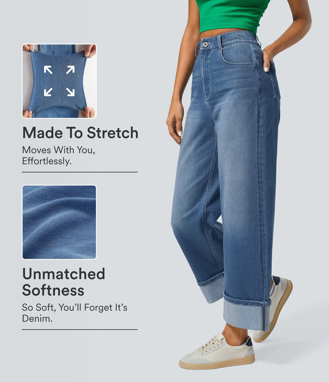 Halara Flex High Waisted Pockets Rolled Hem Wide Leg Washed Casual Jeans