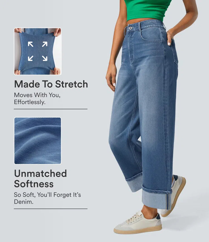 Halara Flex High Waisted Pockets Rolled Hem Wide Leg Washed Casual Jeans