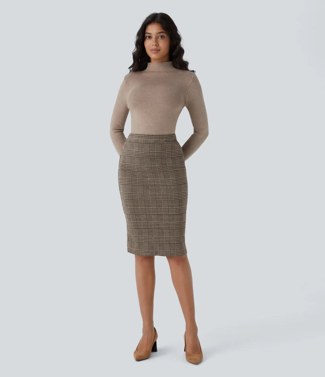 High Waisted Hem Houndstooth Plaid Work Pencil Skirt