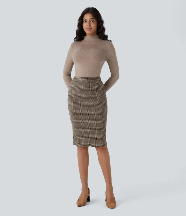 High Waisted Hem Houndstooth Plaid Work Pencil Skirt