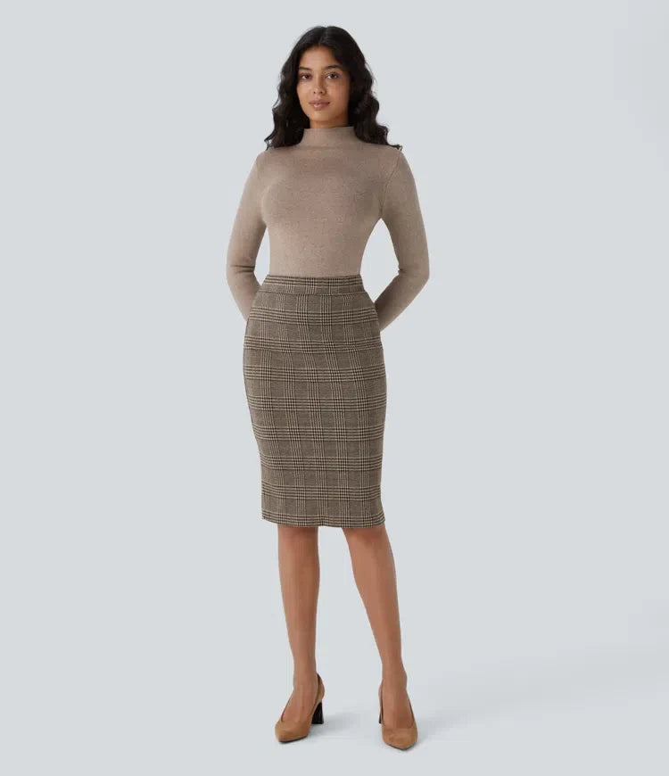 High Waisted Hem Houndstooth Plaid Work Pencil Skirt
