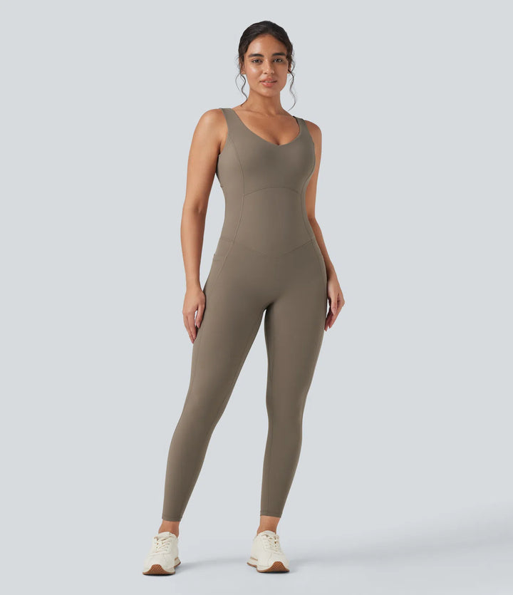 Halara UltraSculpt V Neck Tummy Control Butt Lifting Workout Jumpsuit with Pockets