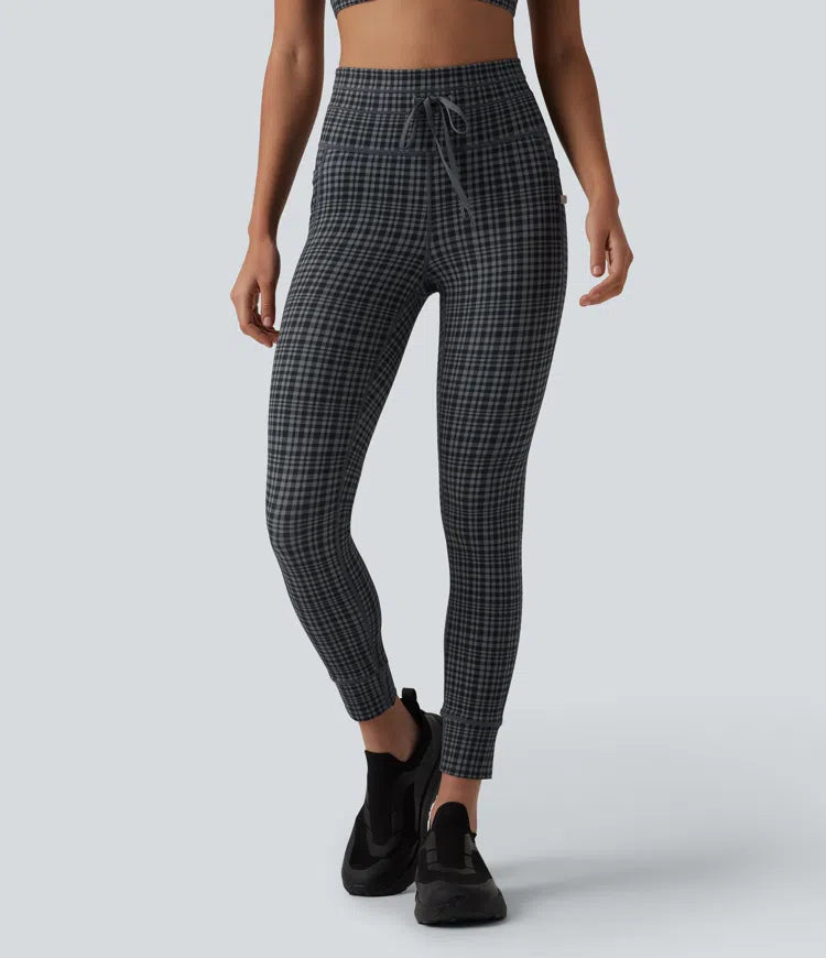 Halara UltraSculpt Check Plaid Print High Waisted Drawstring Yoga Leggings with Pockets