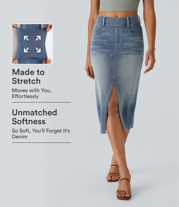 Halara Flex High Waisted Pockets Bodycon Washed Denim Casual Midi Skirt