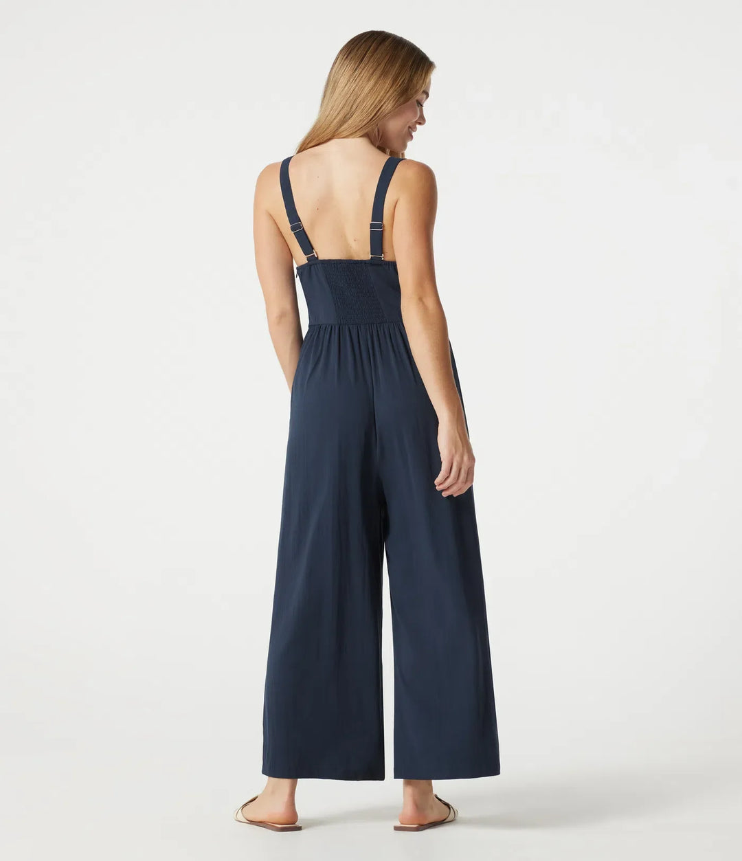 V-neck Sleeveless Shirred Casual Baggy Jumpsuit with Pockets