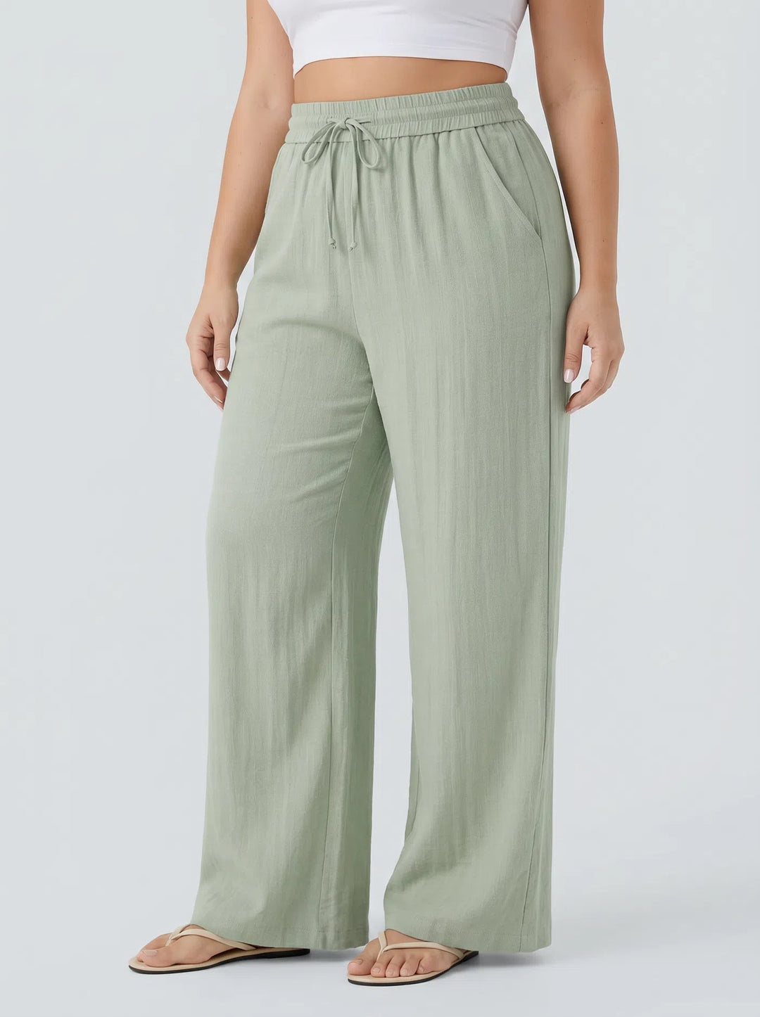 High Waisted Drawstring Linen-Feel Wide Leg Casual Plus Size Trousers with Pockets