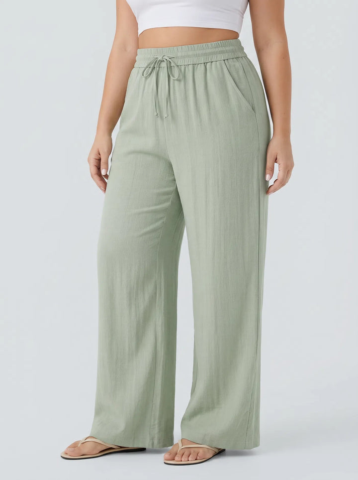 High Waisted Drawstring Linen-Feel Wide Leg Casual Plus Size Trousers with Pockets