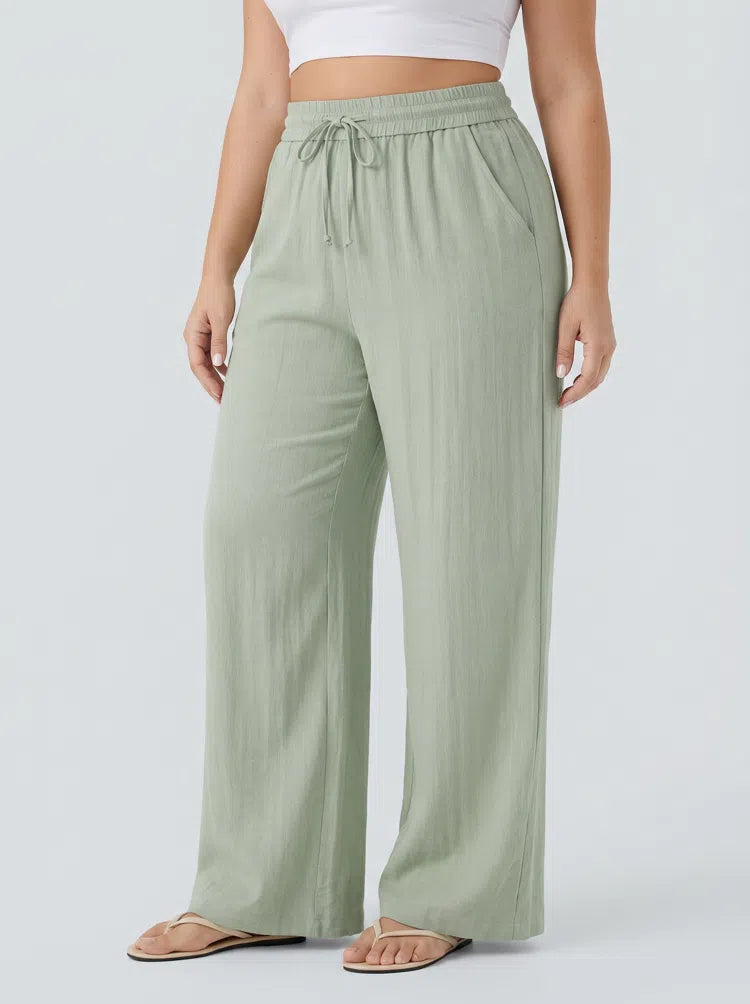 High Waisted Drawstring Linen-Feel Wide Leg Casual Plus Size Trousers with Pockets