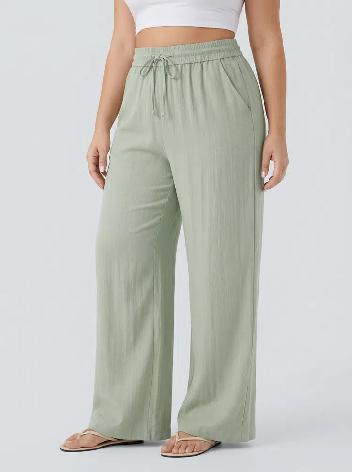 High Waisted Drawstring Linen-Feel Wide Leg Casual Plus Size Trousers with Pockets