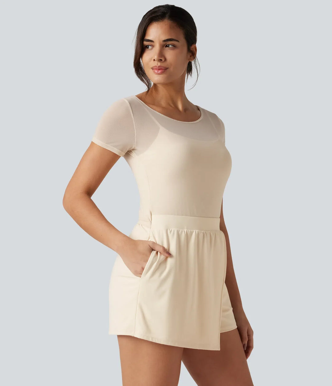 SoftlyZero Plush Boat Neck Built-in Bra Contrast Mesh Short Sleeve Party Romper with Pockets-Easy Peezy Edition