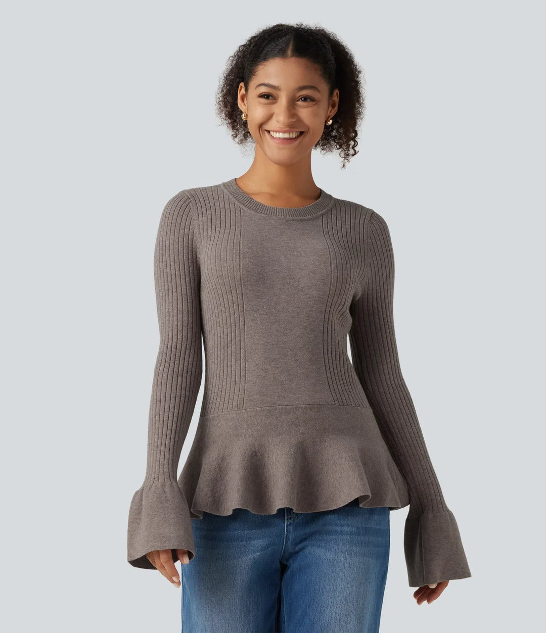 Round Neck Long Sleeve Ruffle Hem Slim Work Jumper