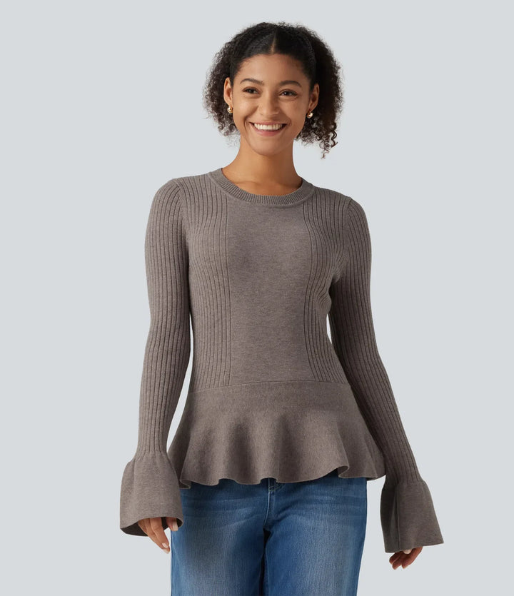 Round Neck Long Sleeve Ruffle Hem Slim Work Jumper