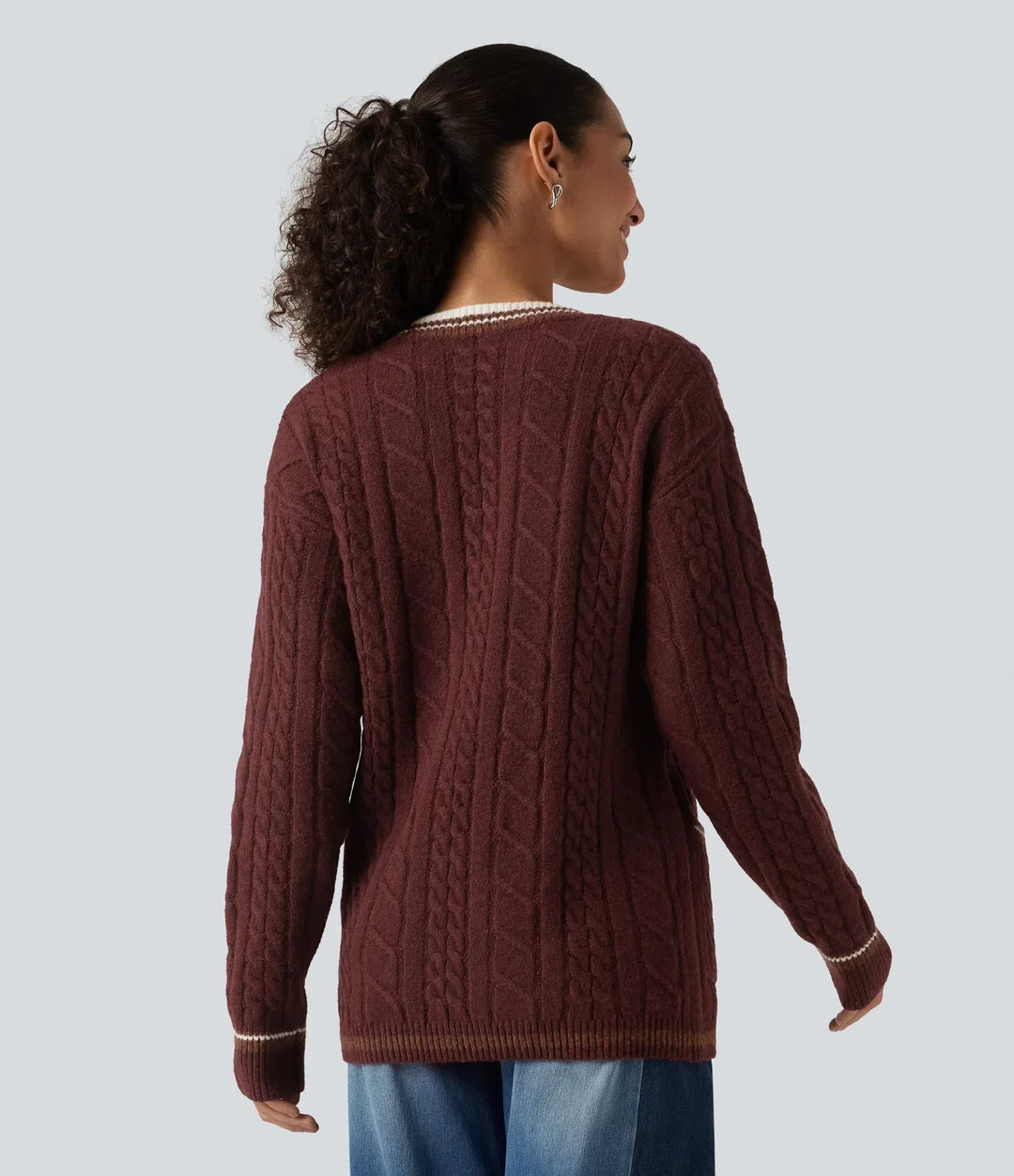 V Neck Long Sleeve Color Block Work Cardigan with Pockets