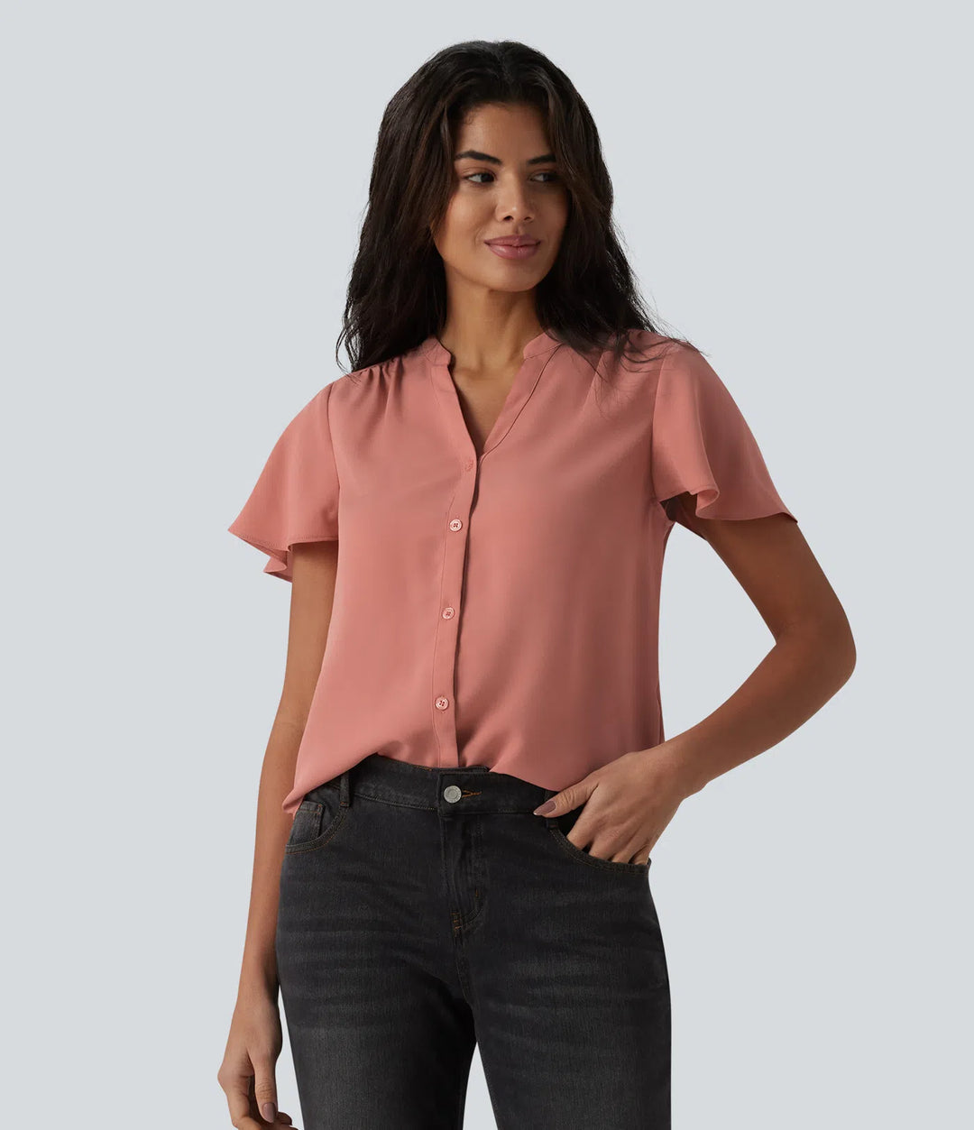 V-neck Flounce Sleeve Curved Hem Casual Blouse
