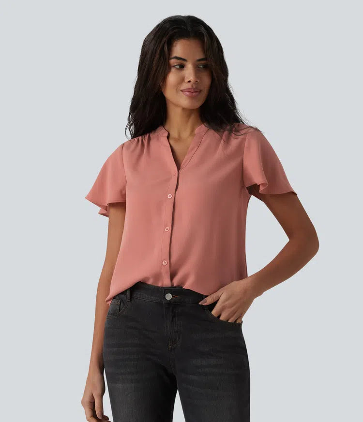 V-neck Flounce Sleeve Curved Hem Casual Blouse