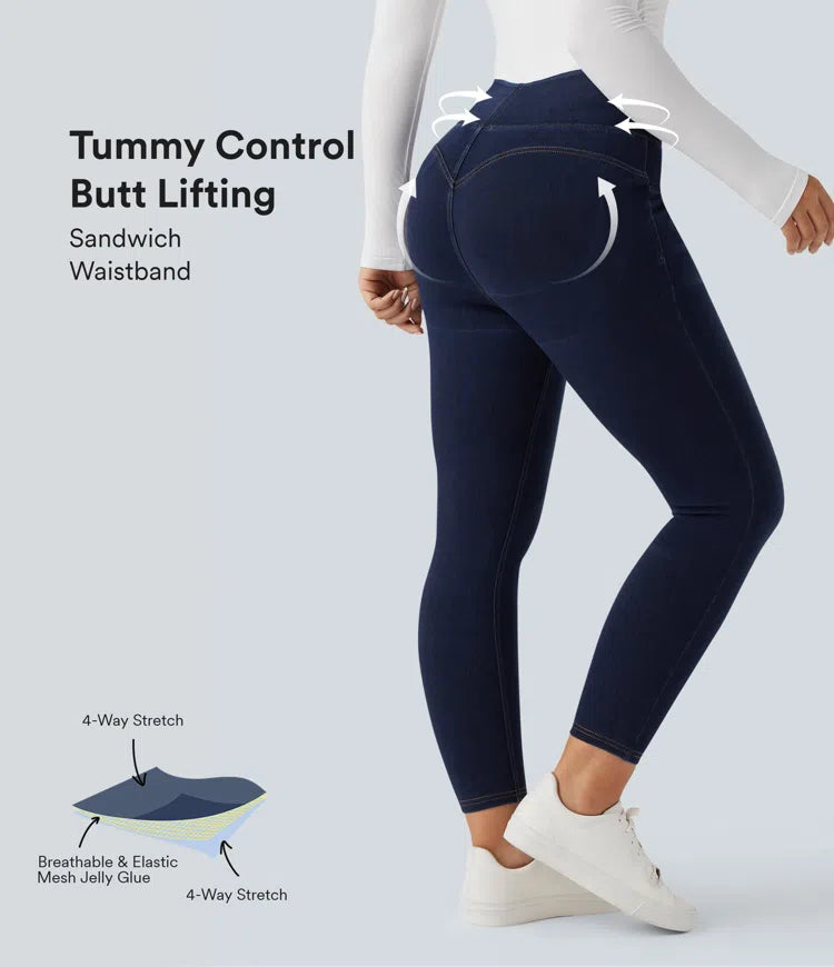 Halara Flex High Waisted Tummy Control Butt Lifting Denim Casual Leggings with Pockets