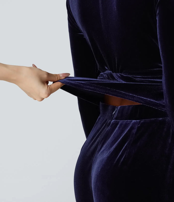 Deep V-neck Long Sleeve Twisted Tie Back Velvet Party Jumpsuit with Pockets-Easy Peezy