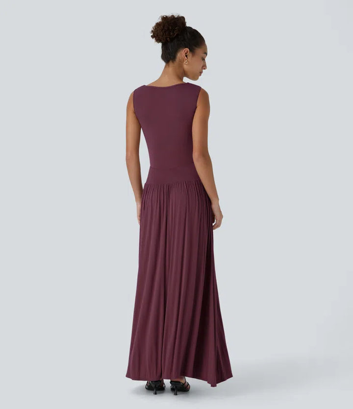 Ribbed Boat Neck Asymmetric Strap Ruched Side Pocket Flowy Maxi Casual Dress