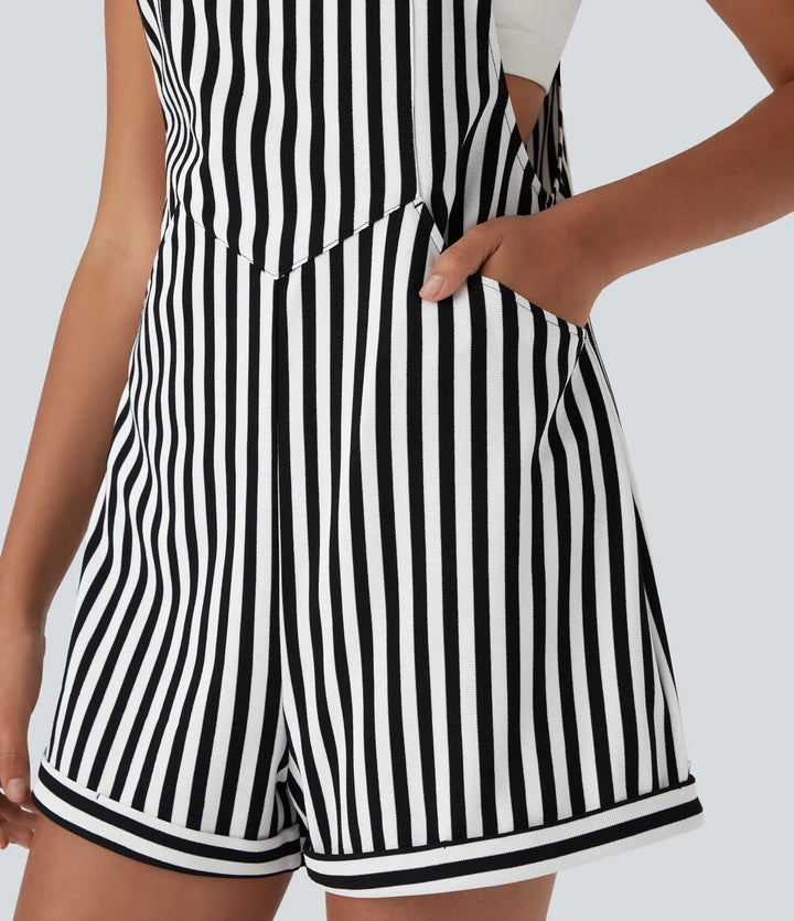 Pockets Stripe Waffle Short Overalls