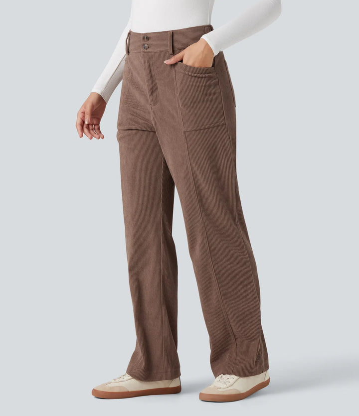 High Waisted Corduroy Casual Straight Leg Trousers with Pockets