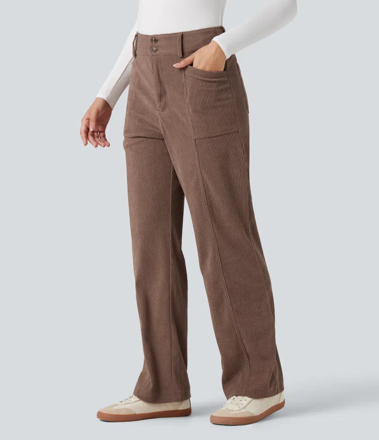 High Waisted Corduroy Casual Straight Leg Trousers with Pockets