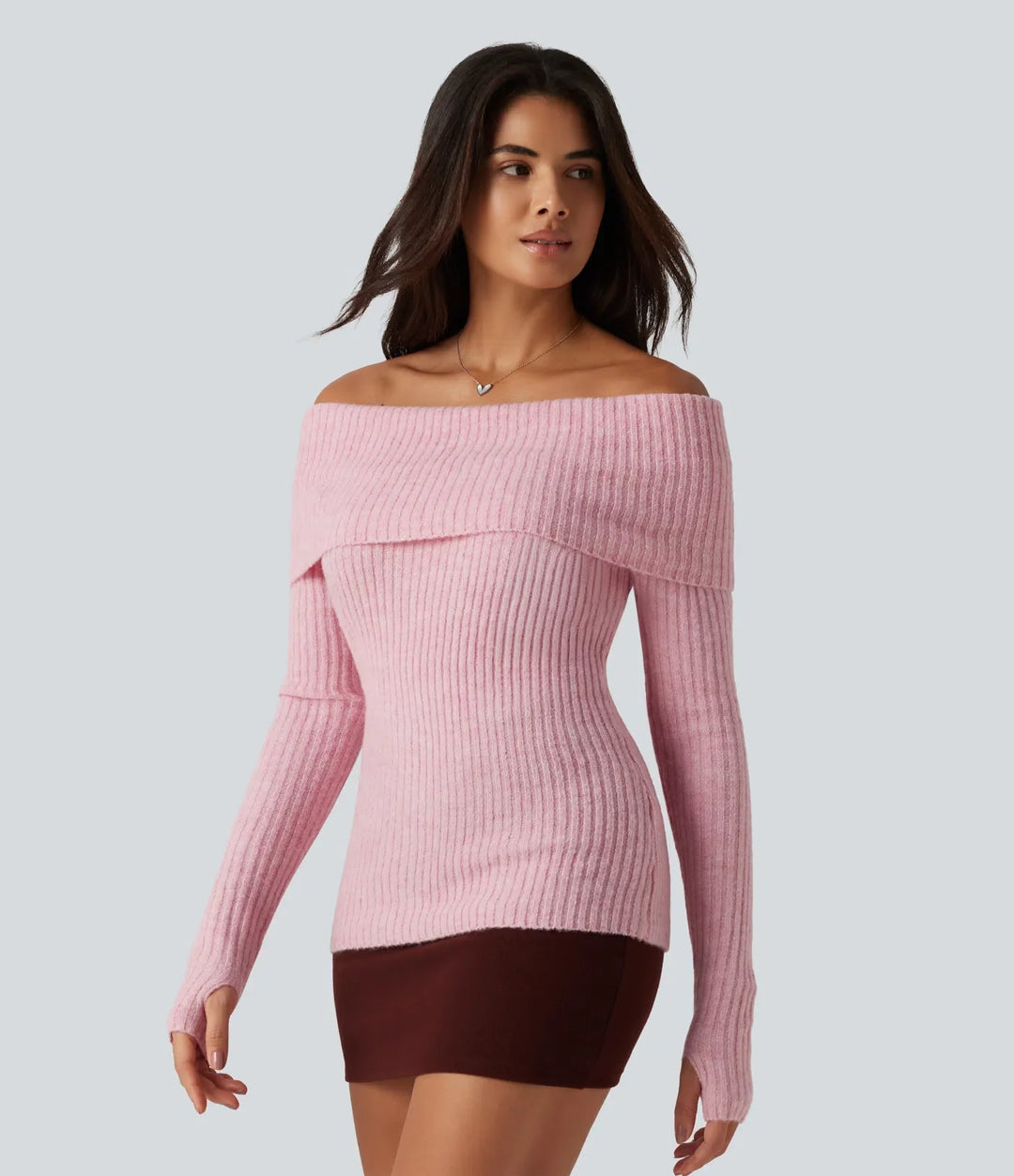 Off Shoulder Long Sleeve Thumb Hole Work Jumper