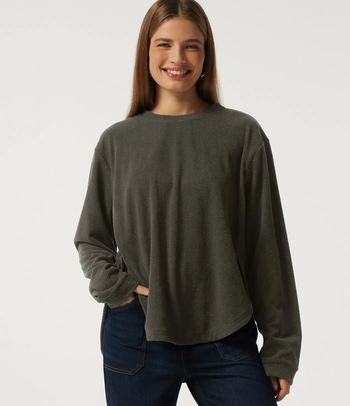 Round Neck Long Sleeve Curved Hem Corduroy Casual Sweatshirt