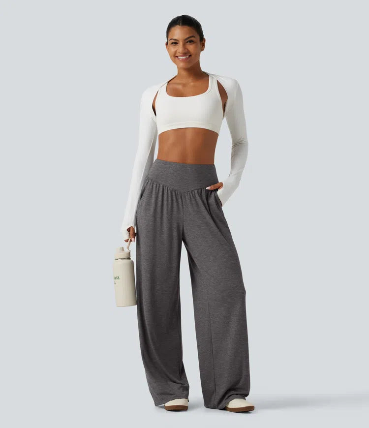 High Waisted Ruched Baggy Yoga Trousers with Pockets