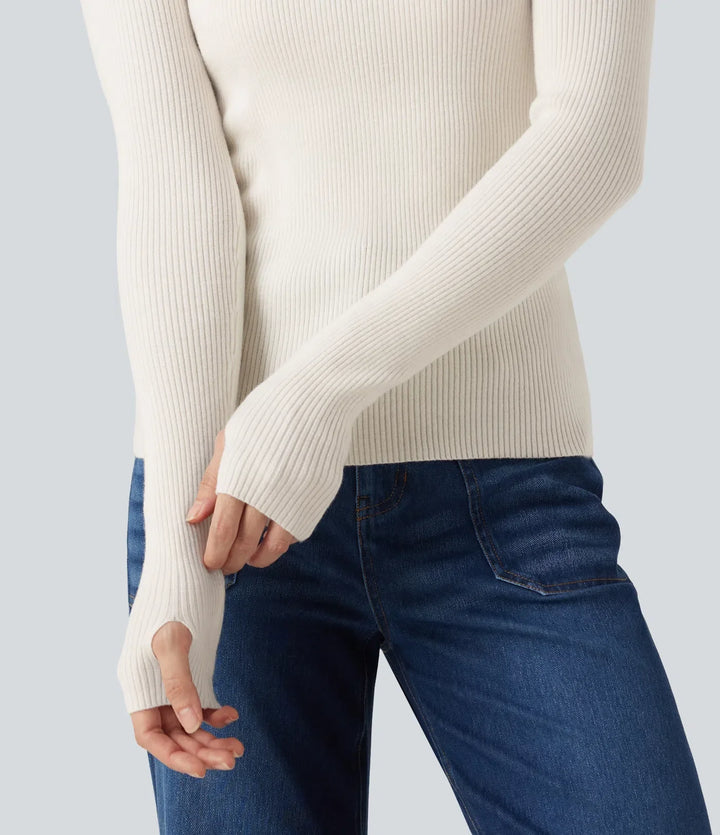 High Neck Long Sleeve Thumb Hole Work Wool-Blend Jumper