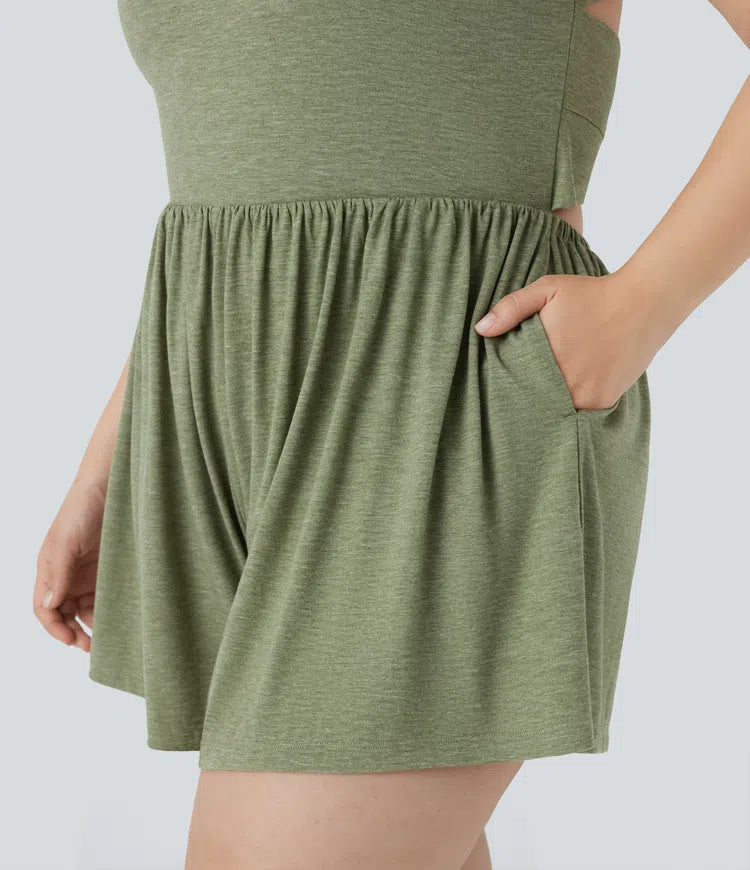Backless Twisted 2-in-1 Resort Plus Size Playsuit with Pockets-Easy Peezy Edition
