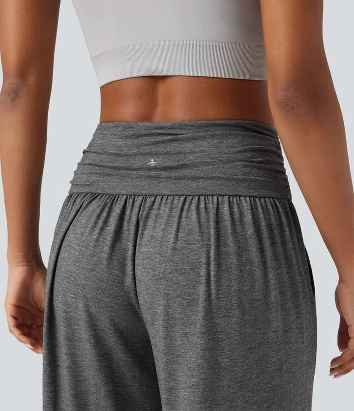 High Waisted Ruched Heathered Yoga Baggy Trousers with Pockets