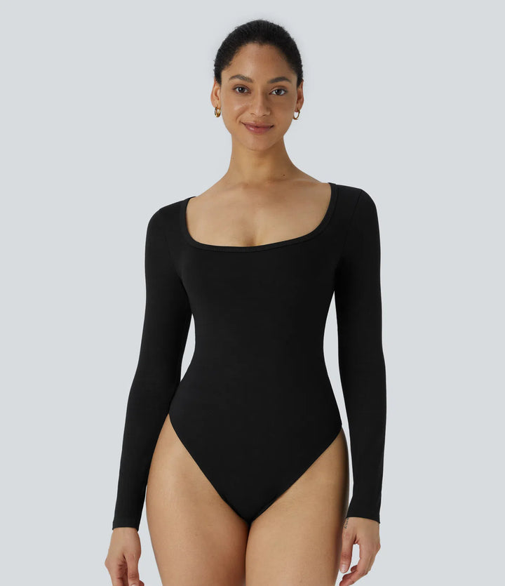 U Neck Long Sleeve Snap Button Skinny Work Bodysuit