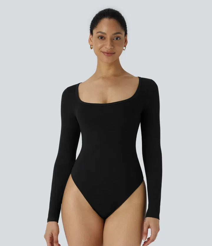 U Neck Long Sleeve Snap Skinny Work Bodysuit