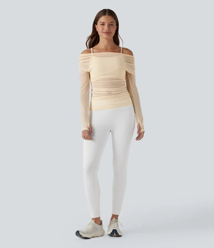 One-shoulder Long Sleeve Thumb Holes Ruched Mesh 2-in-1 Yoga Sports Top