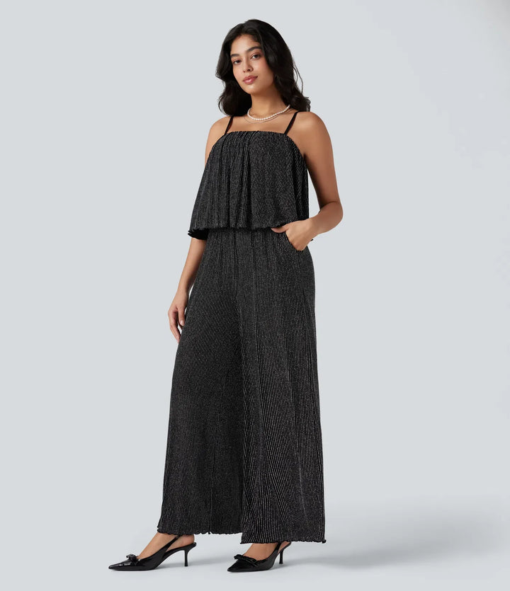 Ruffle Hem Sleeveless Sparkle Stripe Casual Jumpsuit with Pockets-Easy Peezy