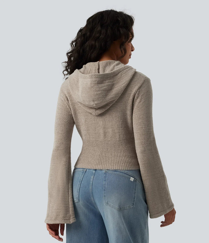 Hooded Flounce Sleeve Zip Fly Casual Cardigan