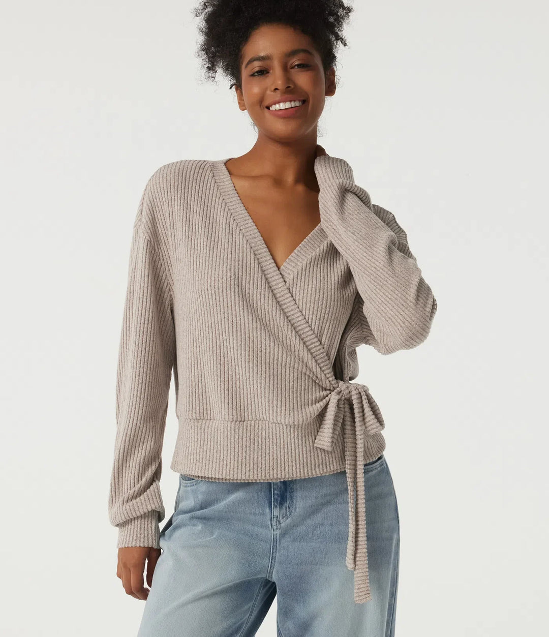 Ribbed Knit V Neck Long Sleeve Tie Side Wrapped Casual Top