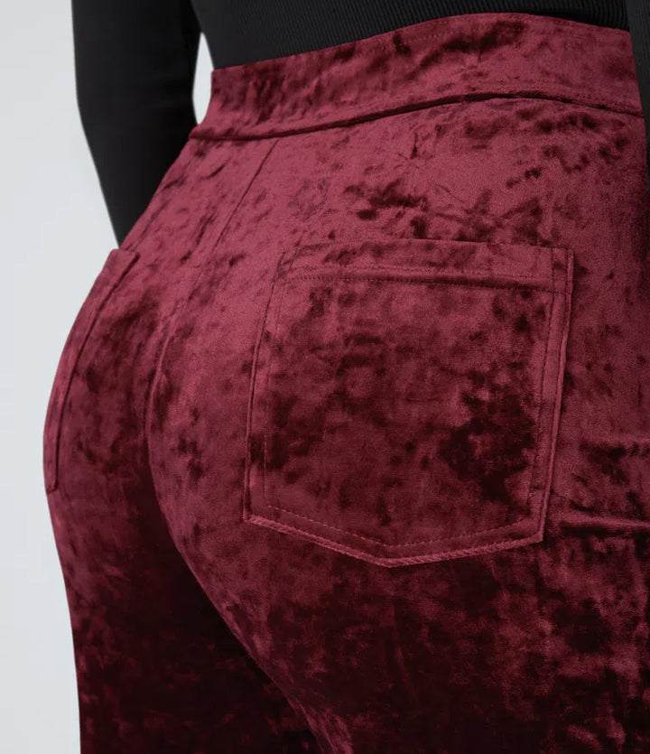High Waisted Pockets Straight Leg Velvet Casual Trousers