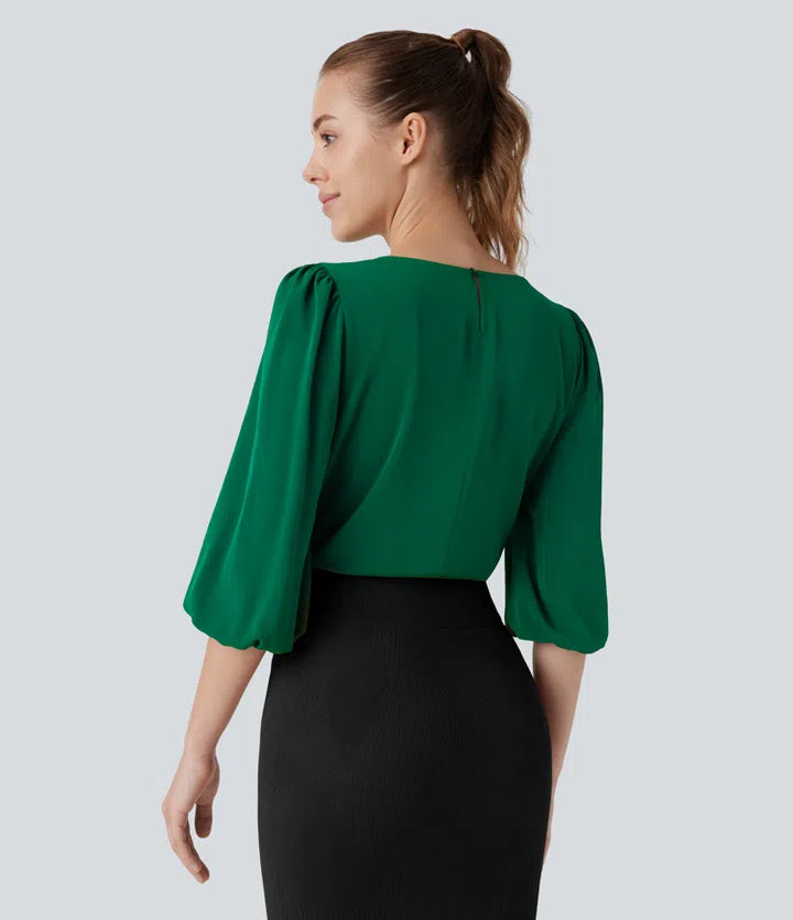 Boat Neck Keyhole Back Bishop Sleeve Work Linen-Feel Blouse