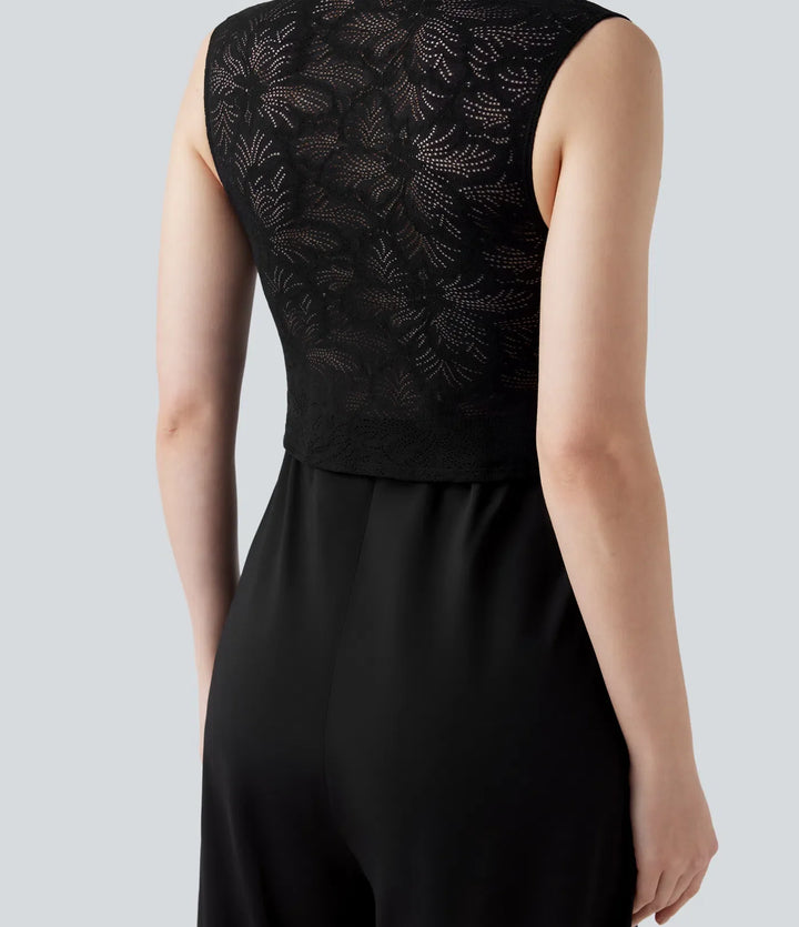 Square Neck Sleeveless Contrast Lace Bridesmaid And Wedding Guest Jumpsuit with Pockets-Easy Peezy
