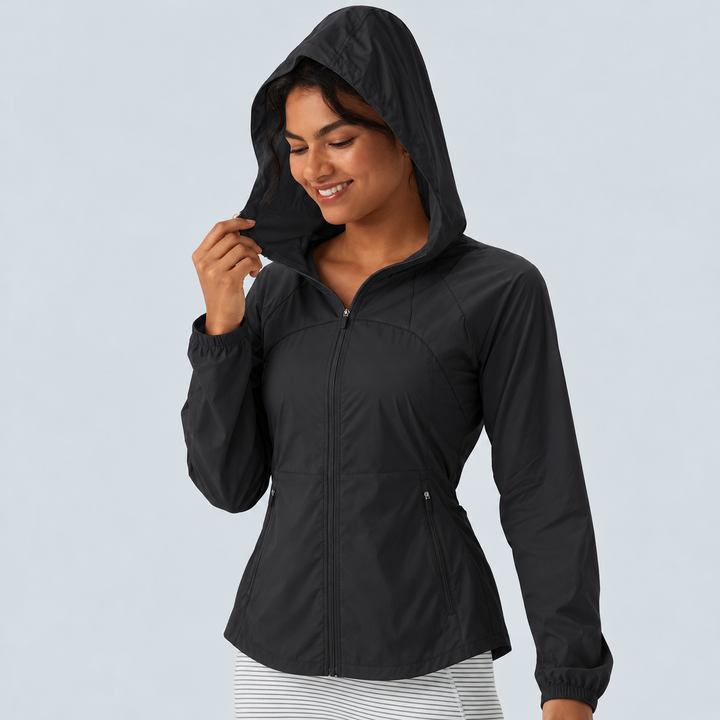 Hooded Drawstring Contrast Mesh Workout Jacket with Pockets