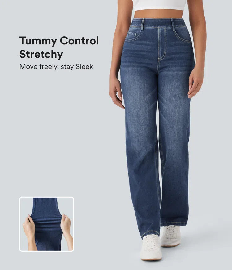 Halara Flex High Waisted Tummy Control Pockets Straight Leg Washed Casual Jeans