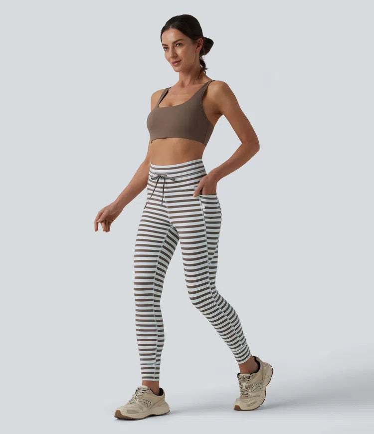 High Waisted Drawstring Stripe Yoga Leggings with Pockets
