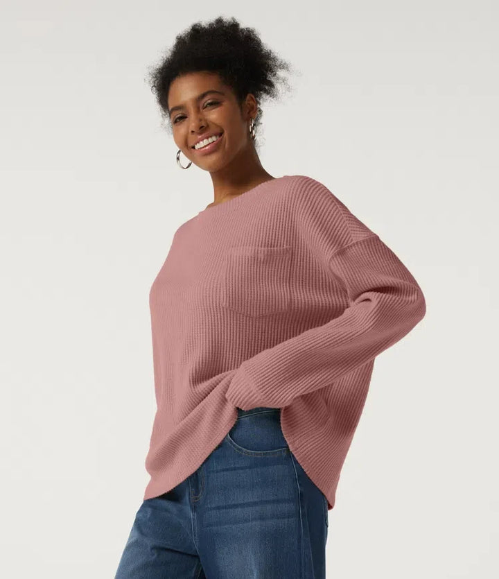 Round Neck Long Sleeve Dropped Waffle Casual Sweatshirt with Pocket