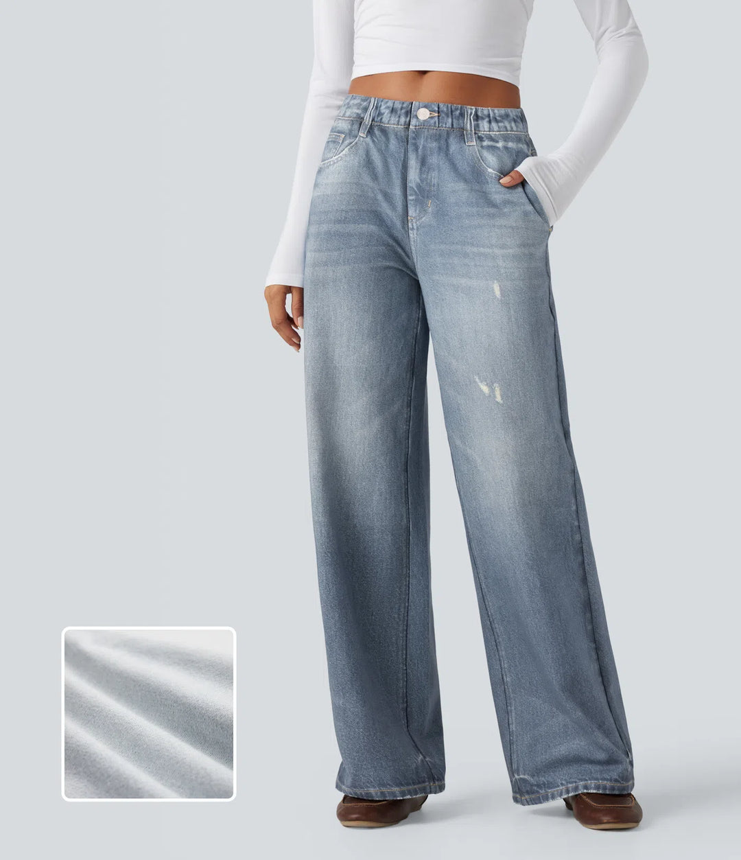 Mid Rise Denim Print French Terry Casual Sweattrousers Jeans with Pockets