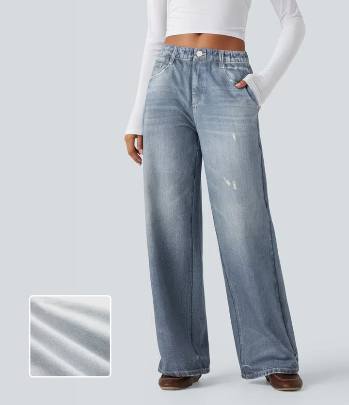Mid Rise Denim Print French Terry Casual Sweattrousers Jeans with Pockets