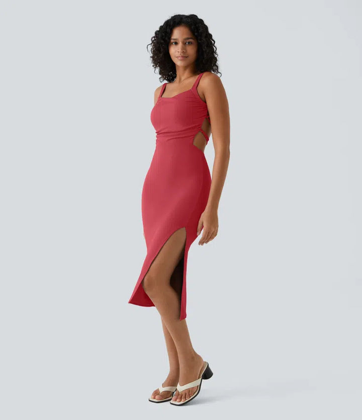 Ruched Backless Crisscross Lace Up Split Bodycon Midi Casual Dress