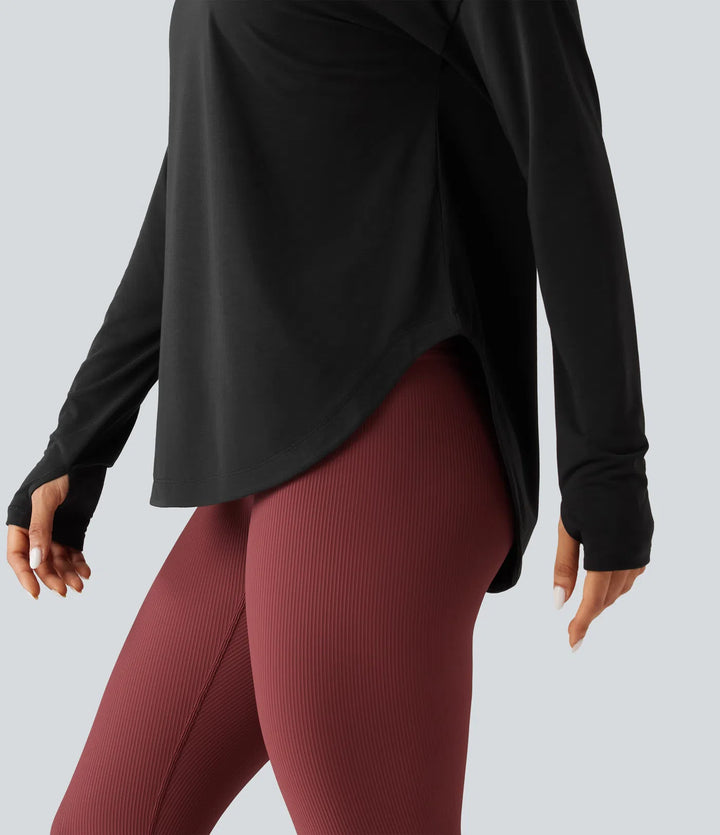 Round Neck Long Sleeve Thumb Hole Built-in Bra Quick Dry Yoga Sports Top
