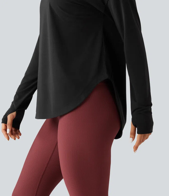 Round Neck Long Sleeve Thumb Hole Built-in Bra Quick Dry Yoga Sports Top